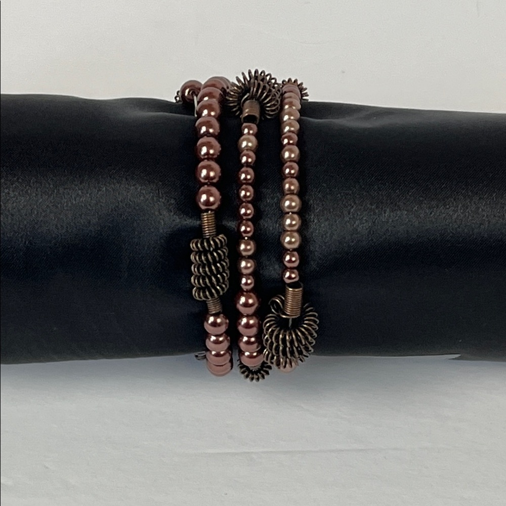 Beaded Faux Pearl Bronze Coil Wired Bracelet OS Boho Steampunk Quirky Artsy